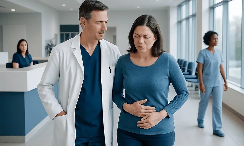 Doctor consulting with a woman patient about abdominal health in hospital corridor.