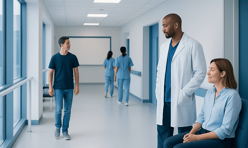 Medical staff and patients in a hospital corridor at Acibadem Hospitals Group.