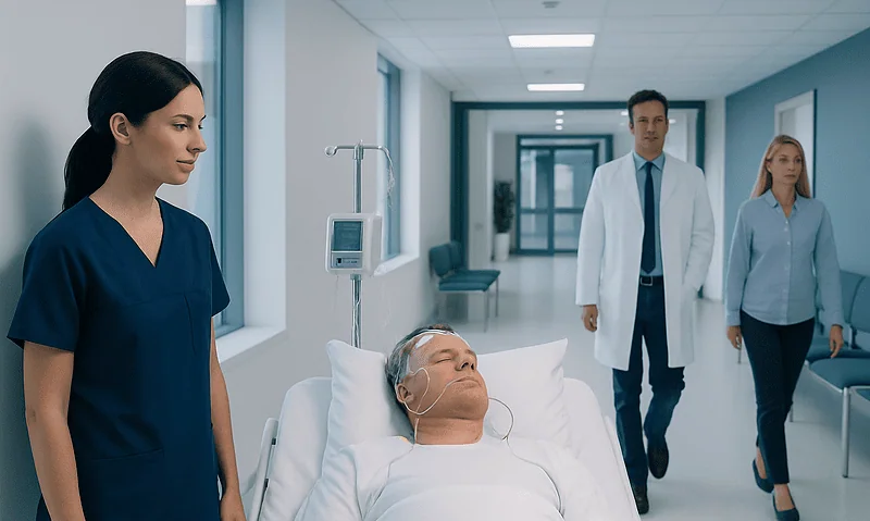 Patient undergoing sleep study with medical staff in hospital corridor.
