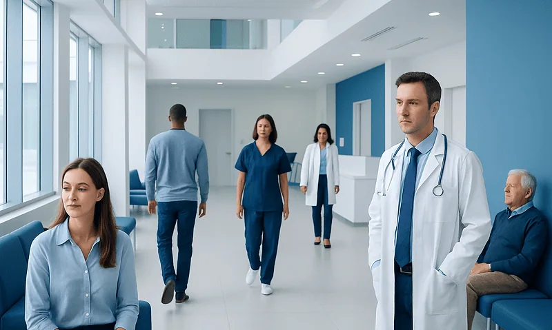 Medical professionals and patients in a modern hospital corridor.