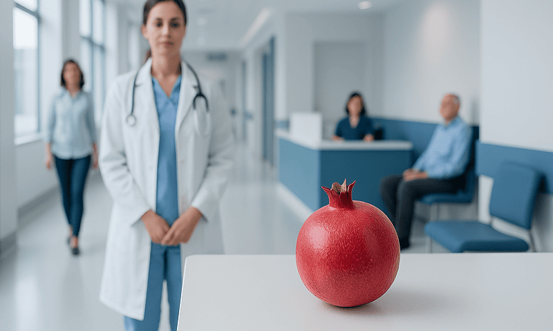 Pomegranate placed on a table in a hospital corridor with medical staff in the background.