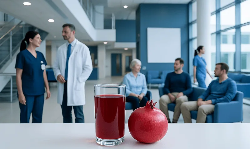 Hospital waiting area with a glass of pomegranate juice and a pomegranate fruit.
