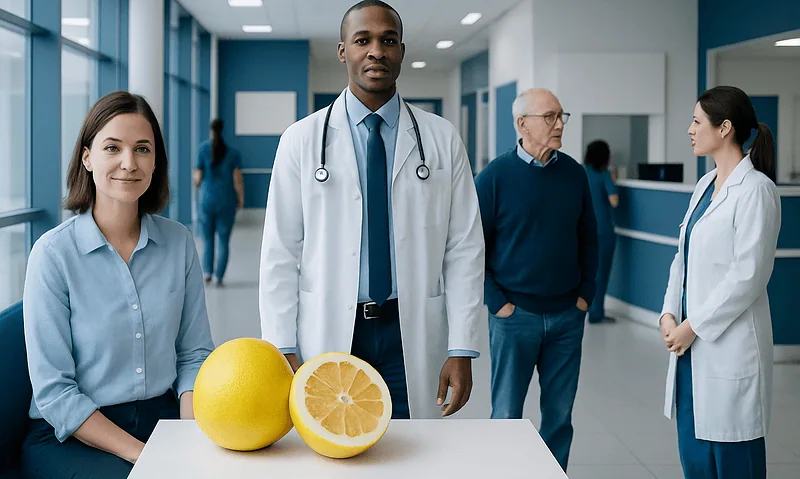 Healthcare professionals in a hospital corridor with a lemon and lemon slice on a table.