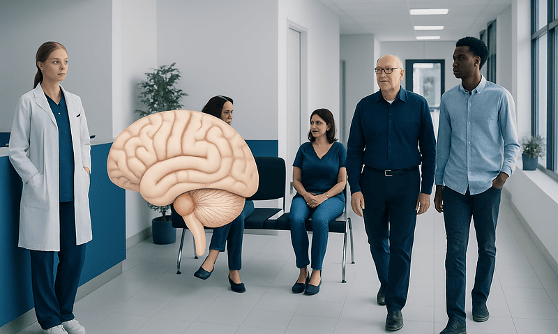 Medical professionals and patients in a hospital corridor with a brain illustration.