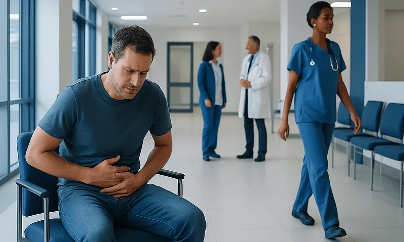 Man experiencing stomach pain in hospital corridor with medical staff nearby.