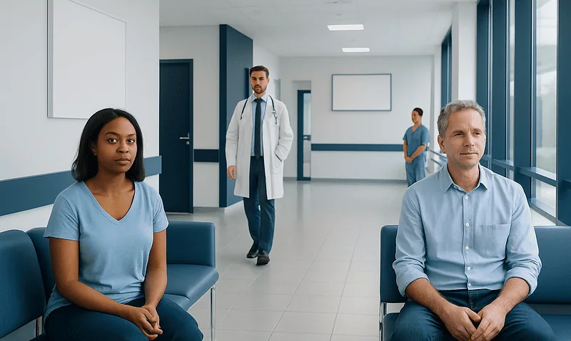 Patients waiting in a hospital corridor with medical staff present.