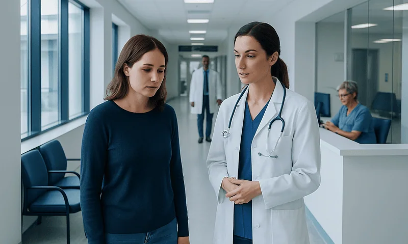 Doctor discussing with patient in hospital corridor.