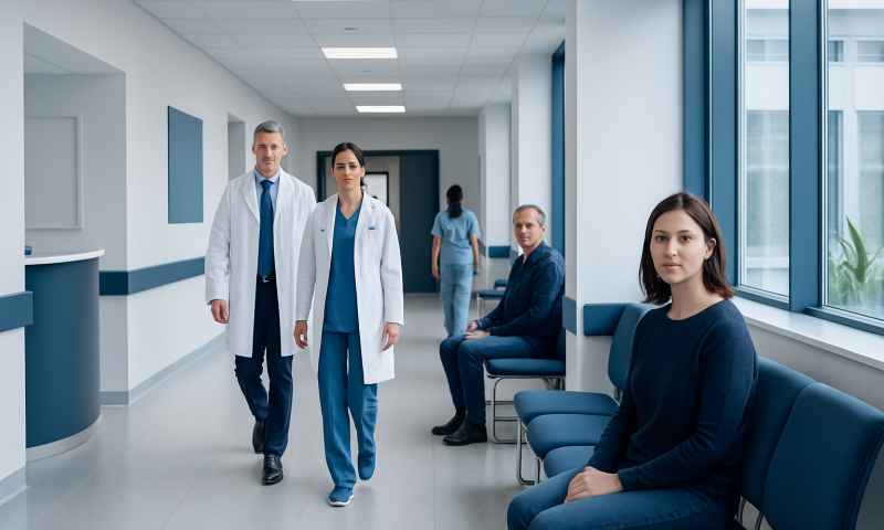 Medical staff and patient in hospital corridor at Acibadem Hospitals Group.