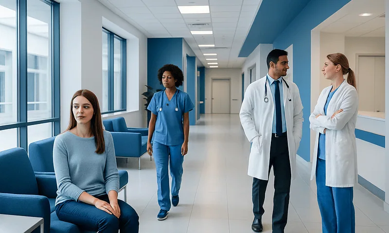 Medical professionals and patient in a hospital corridor at Acibadem Hospitals Group.