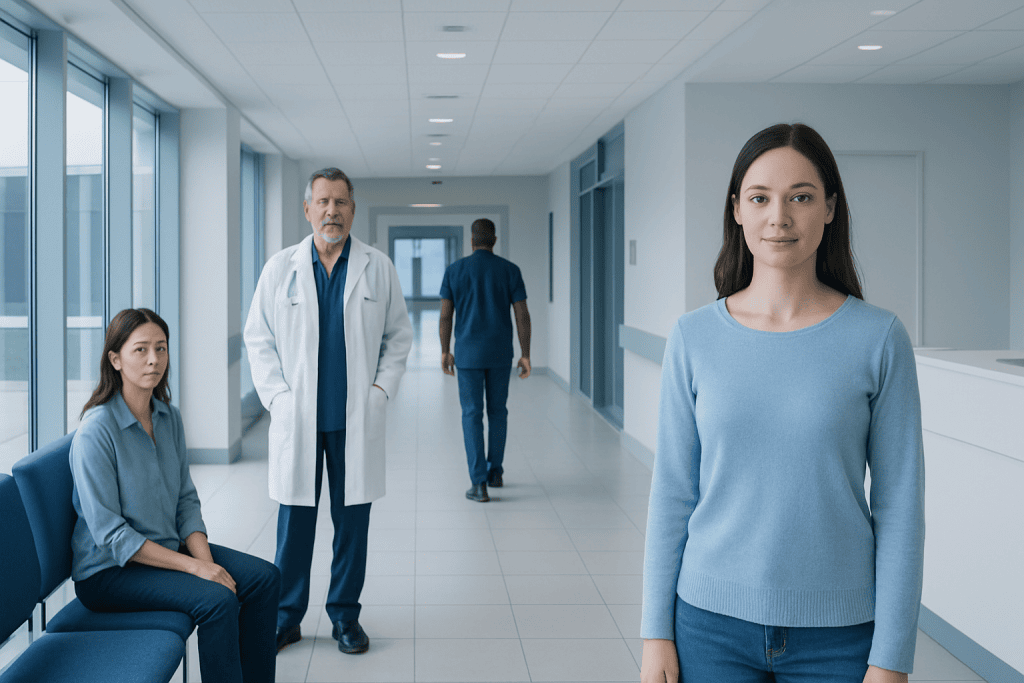 Pores: An Evidence-Based Guide for Patients 1 Medical professionals and patient in a hospital corridor.