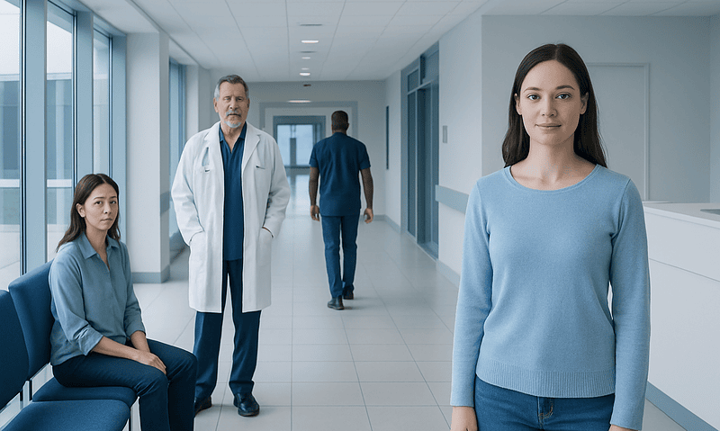 Medical professionals and patient in a hospital corridor.