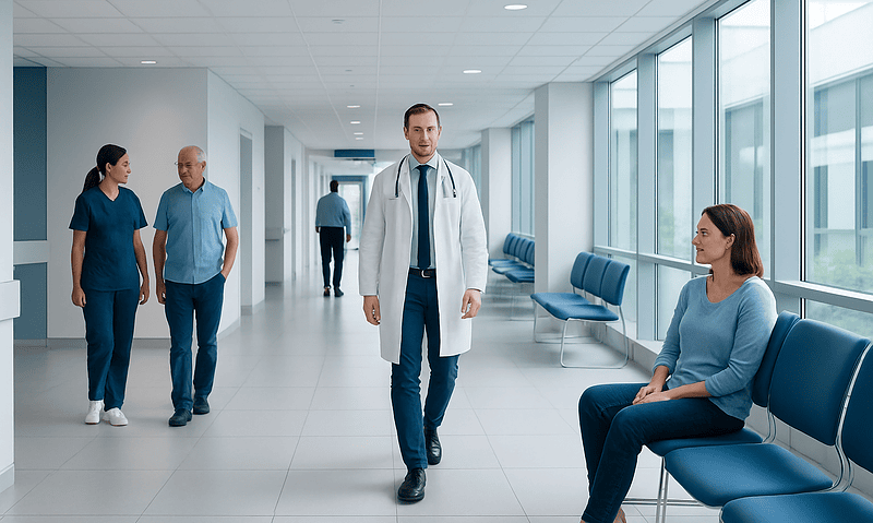 Medical professionals and patient in a modern hospital corridor.