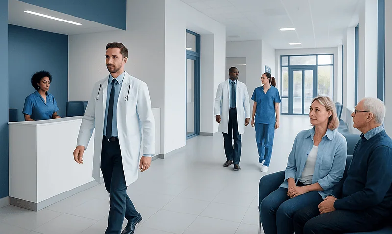 Healthcare professionals and patients in a modern hospital corridor.