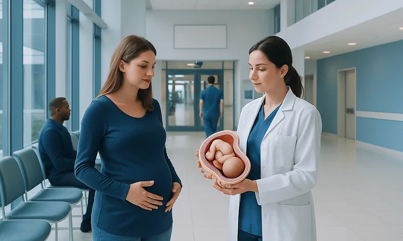 Pregnant woman consulting with doctor holding a model of a fetus in hospital corridor.
