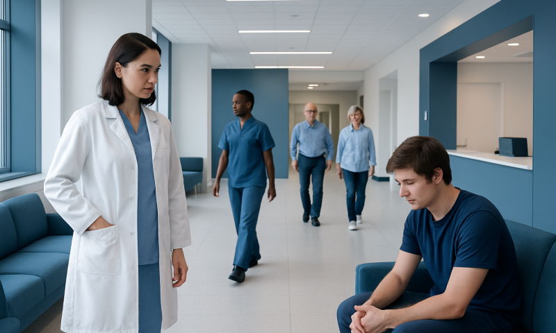 Healthcare professionals and patient in a modern hospital corridor.