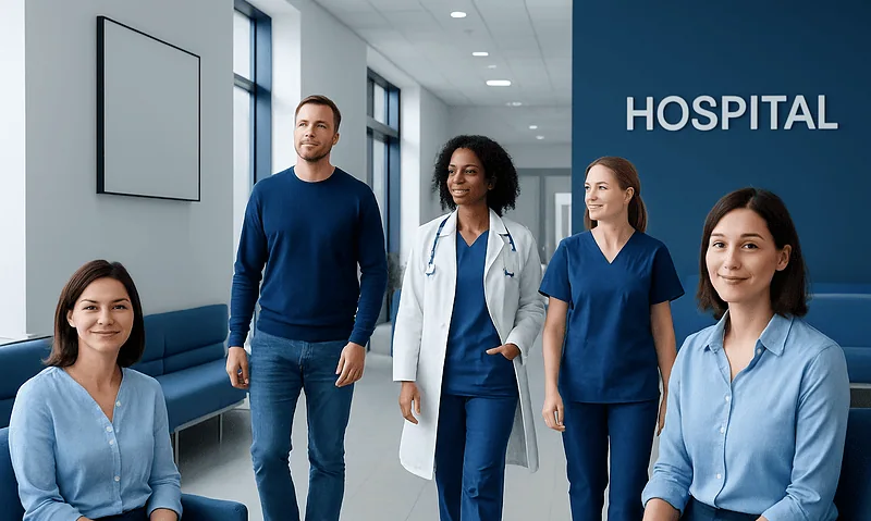Healthcare professionals in hospital corridor with 'HOSPITAL' sign.