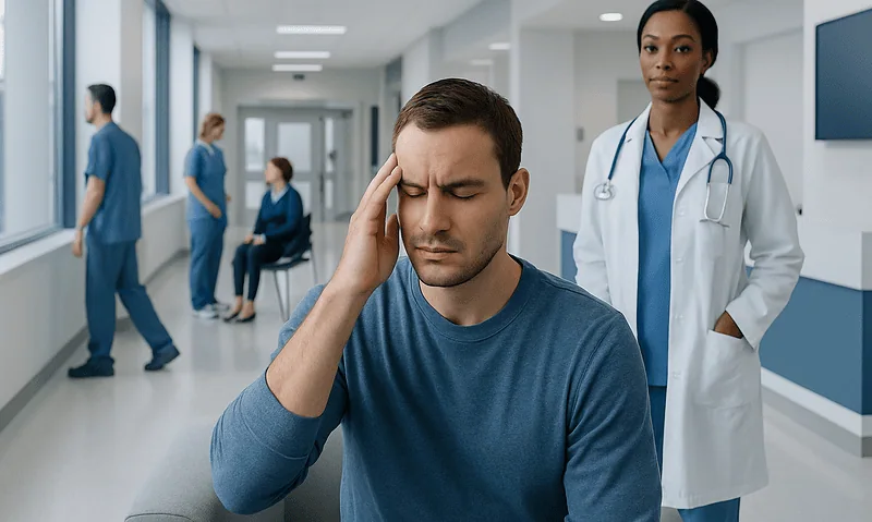 Patient experiencing headache in hospital corridor with medical staff nearby.