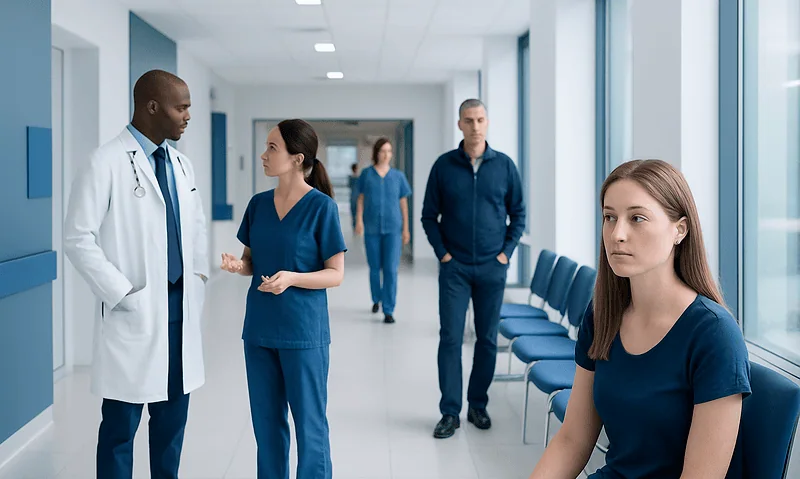 Medical staff and patients in a hospital corridor at Acibadem Hospitals Group.