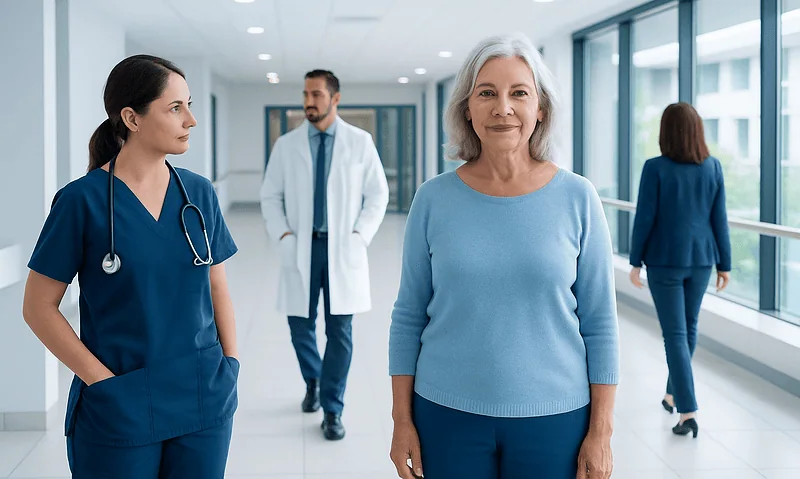Senior woman at hospital with healthcare professionals in the background.