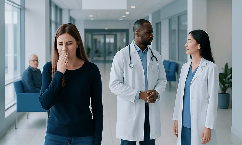 Patient experiencing nasal discomfort in a hospital corridor with medical staff nearby.