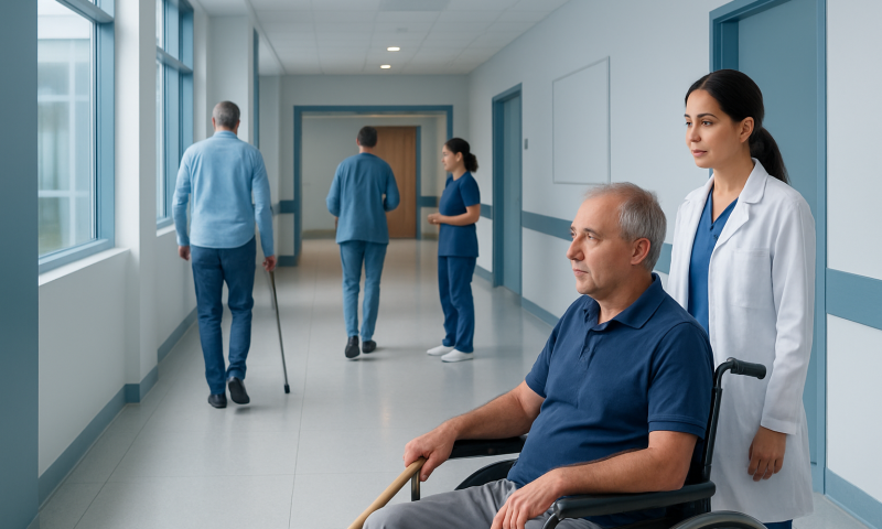 Hospital corridor with patient in wheelchair and medical staff on duty.