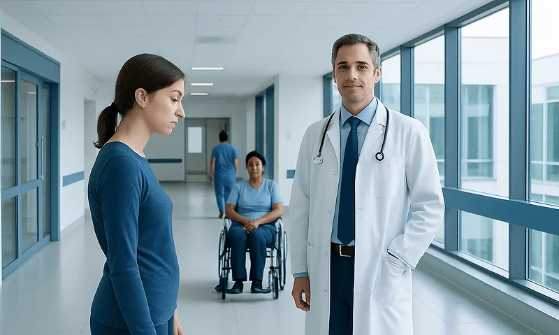 Doctor and patient in hospital corridor with another patient in wheelchair.