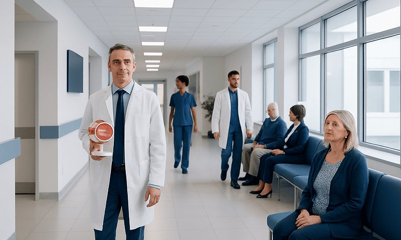 Medical professionals in a hospital corridor with patients waiting.
