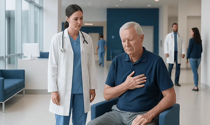 Patient experiencing chest pain in hospital with medical staff nearby.