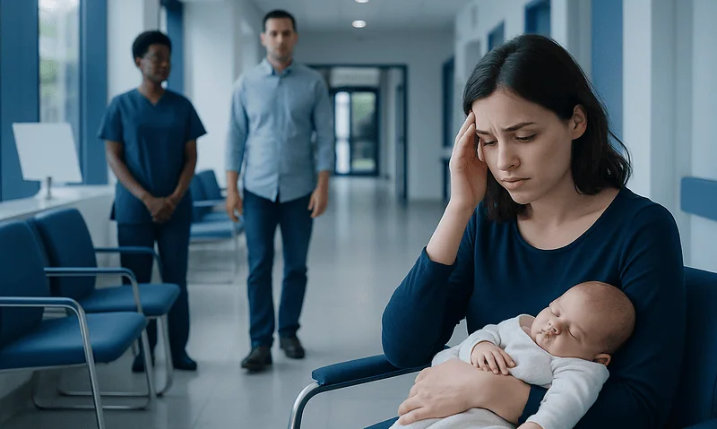 Mother with postnatal depression holding her baby in hospital.