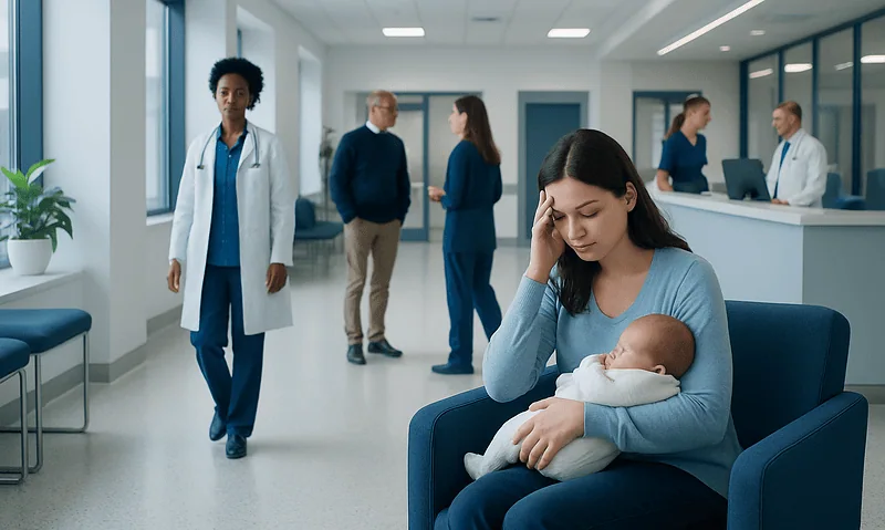 Mother with baby in hospital waiting area at Acibadem Hospitals Group.