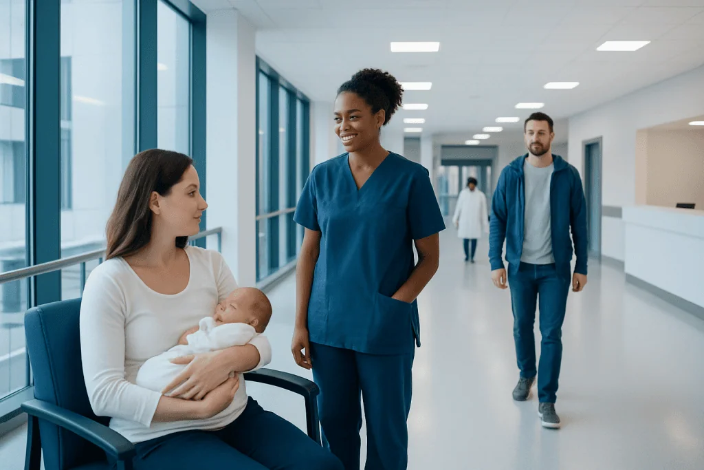 Postpartum: An Evidence-Based Guide for Patients 1 Mother with newborn in hospital, nurse and visitor in background.