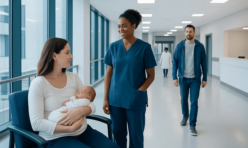 Mother with newborn in hospital, nurse and visitor in background.