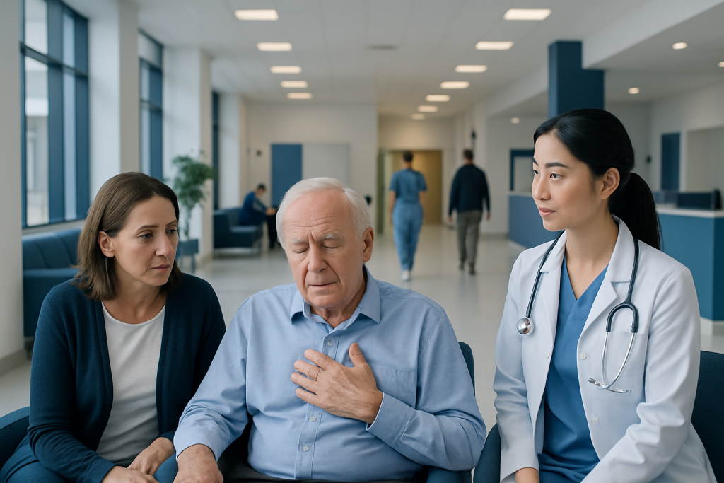 Postprandial Hypotension — Explained by Medical Evidence, Not Myths 1 Patient experiencing chest discomfort with medical staff in hospital corridor.