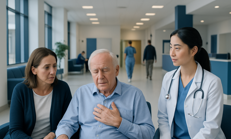 Patient experiencing chest discomfort with medical staff in hospital corridor.