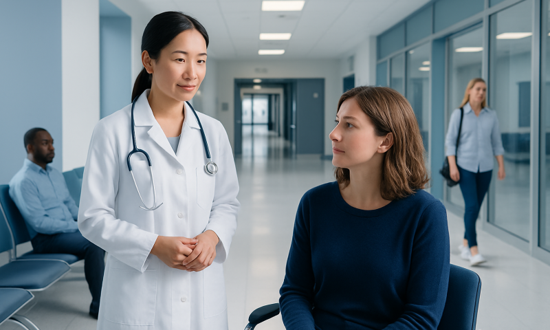 Doctor consulting a patient in a hospital corridor.