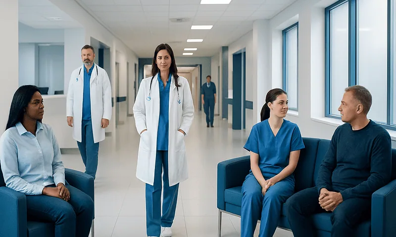 Medical staff and patients in a modern hospital corridor.
