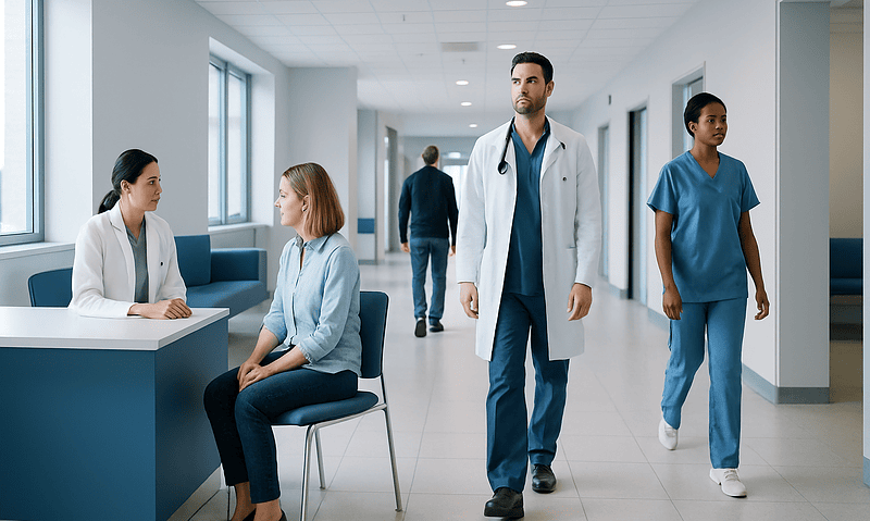 Medical professionals and patient in hospital corridor at Acibadem Hospitals Group.