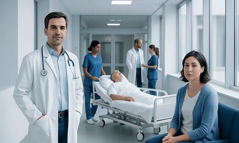 Medical team with patient in hospital corridor at Acibadem Hospitals Group.