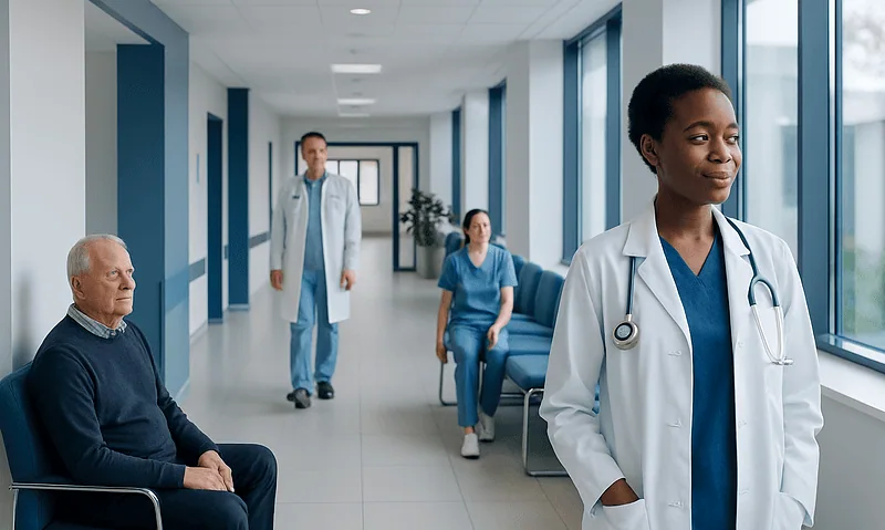 Potassium Iodide: What Patients Need to Know 9 Healthcare professionals and patient in a modern hospital corridor.