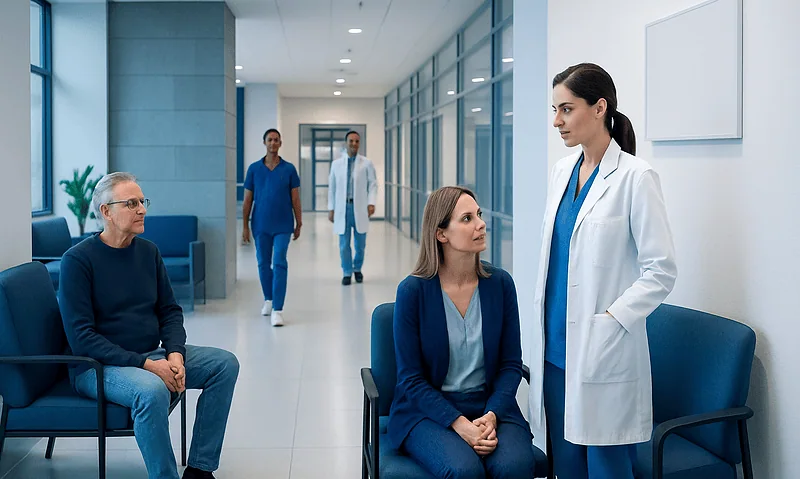 Medical consultation in a modern hospital corridor with healthcare professionals and patient.