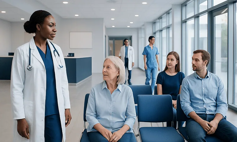 Healthcare professionals and patients in a modern hospital waiting area.