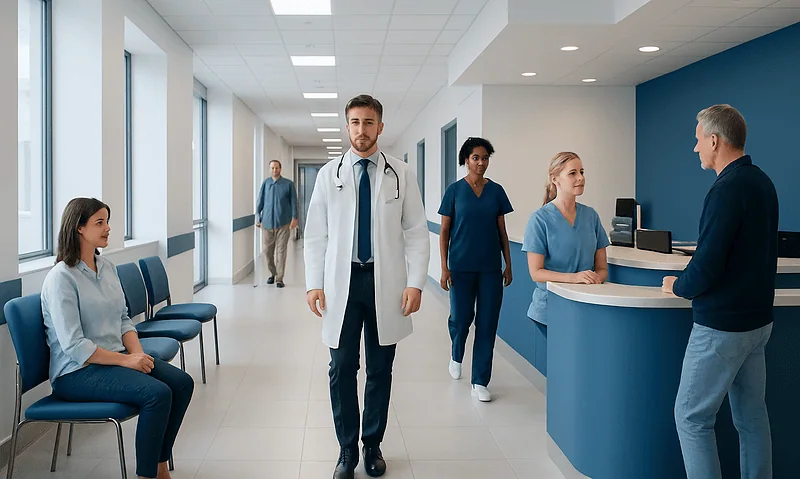 Healthcare professionals and patients in a modern hospital corridor.