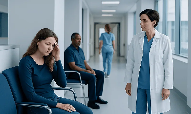 Patient experiencing headache in hospital corridor with medical staff nearby.