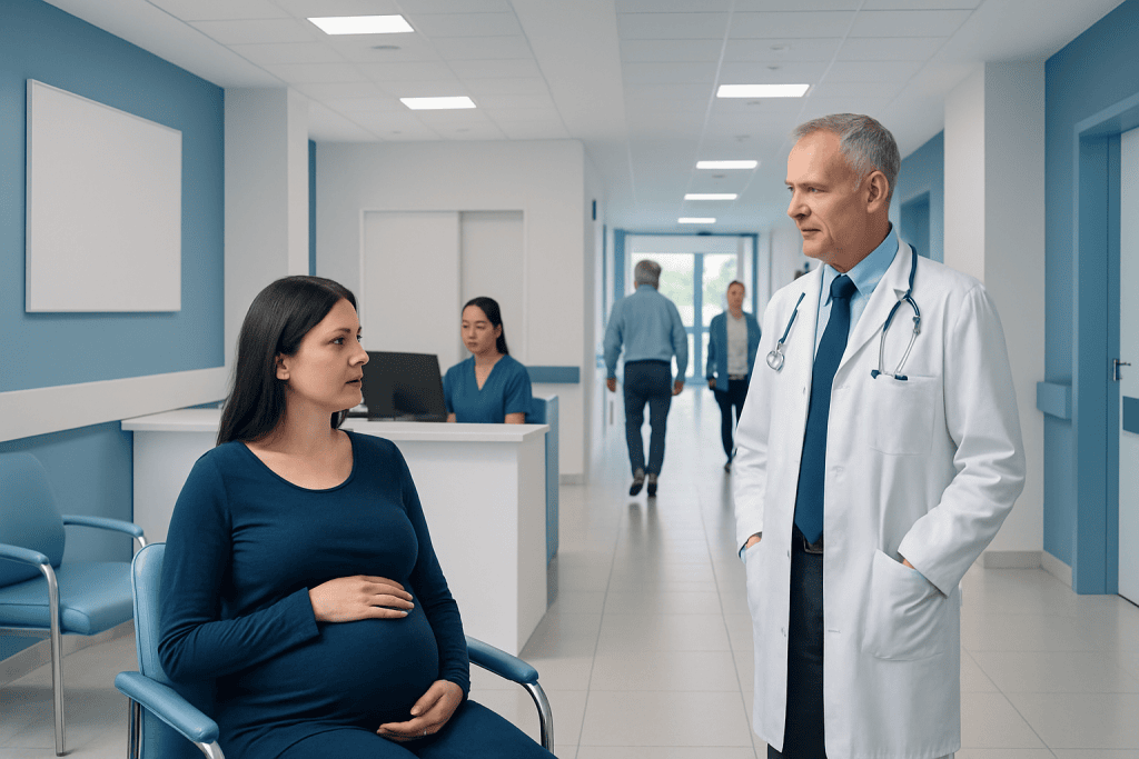 Understanding Potter Syndrome: A Complete Patient Guide 1 Pregnant woman consulting with a doctor in a hospital corridor.