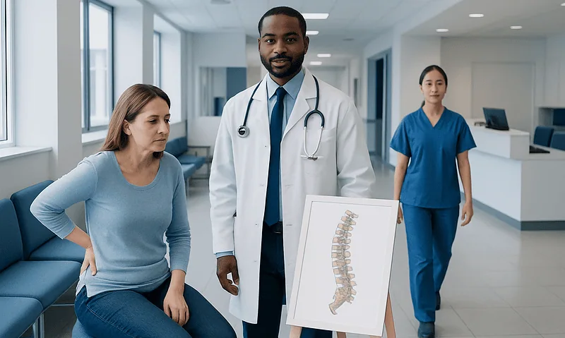 Doctor explaining spinal health to patient in hospital corridor.