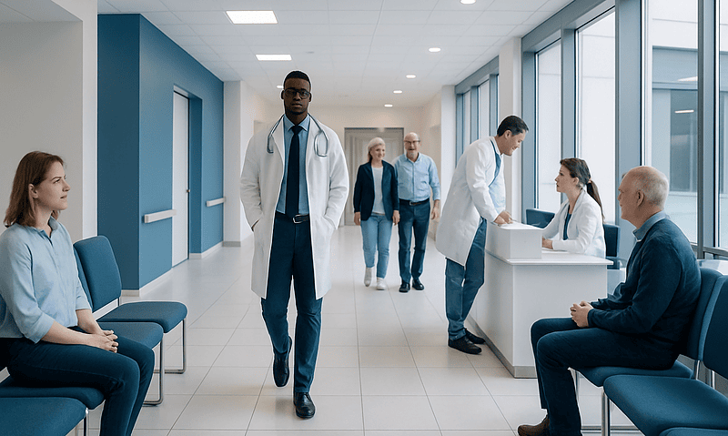 Medical professionals and patients in a modern hospital corridor.