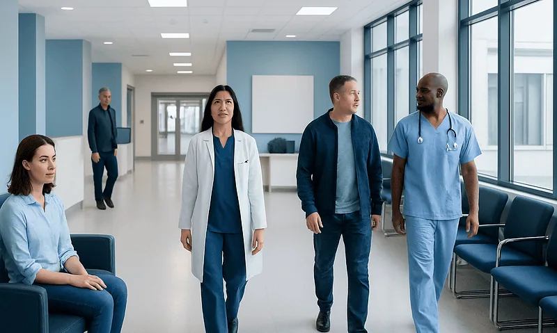 Healthcare professionals walking in hospital corridor with patients and staff.
