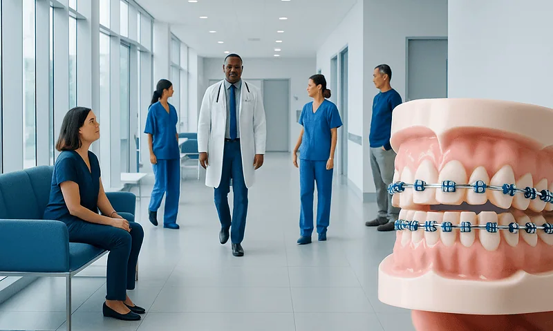 Medical team discussing orthodontic treatment options in a modern clinic.
