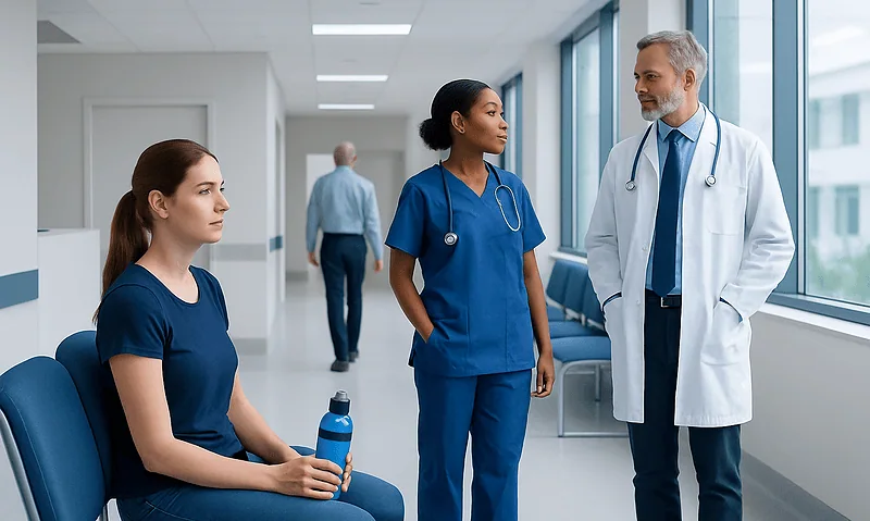 Medical team discussing patient care in hospital corridor.