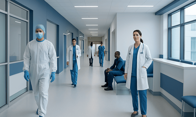 Healthcare professionals in a hospital corridor wearing PPE and masks.